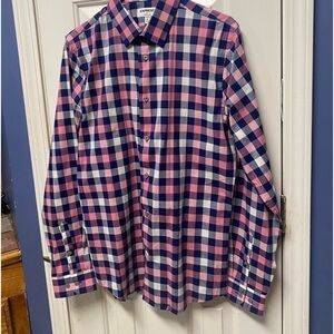 Express men button up shirt blue pink white stripe plaid long sleeve business